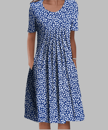 Floral Pleated Midi Dress | Short Sleeve | Scoop Neck with Pockets