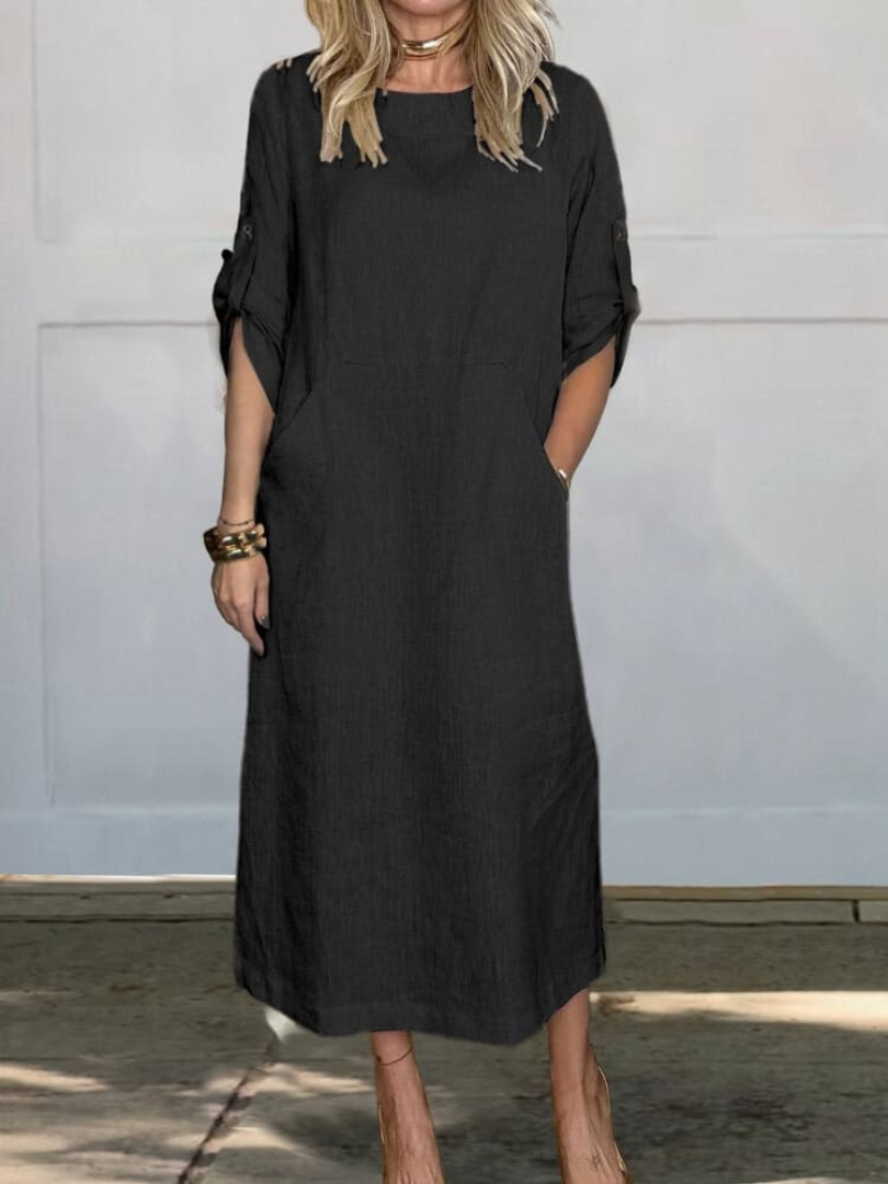 Relaxed Linen Midi Dress | Roll-Up Sleeves with Pockets | Minimalist Everyday Style