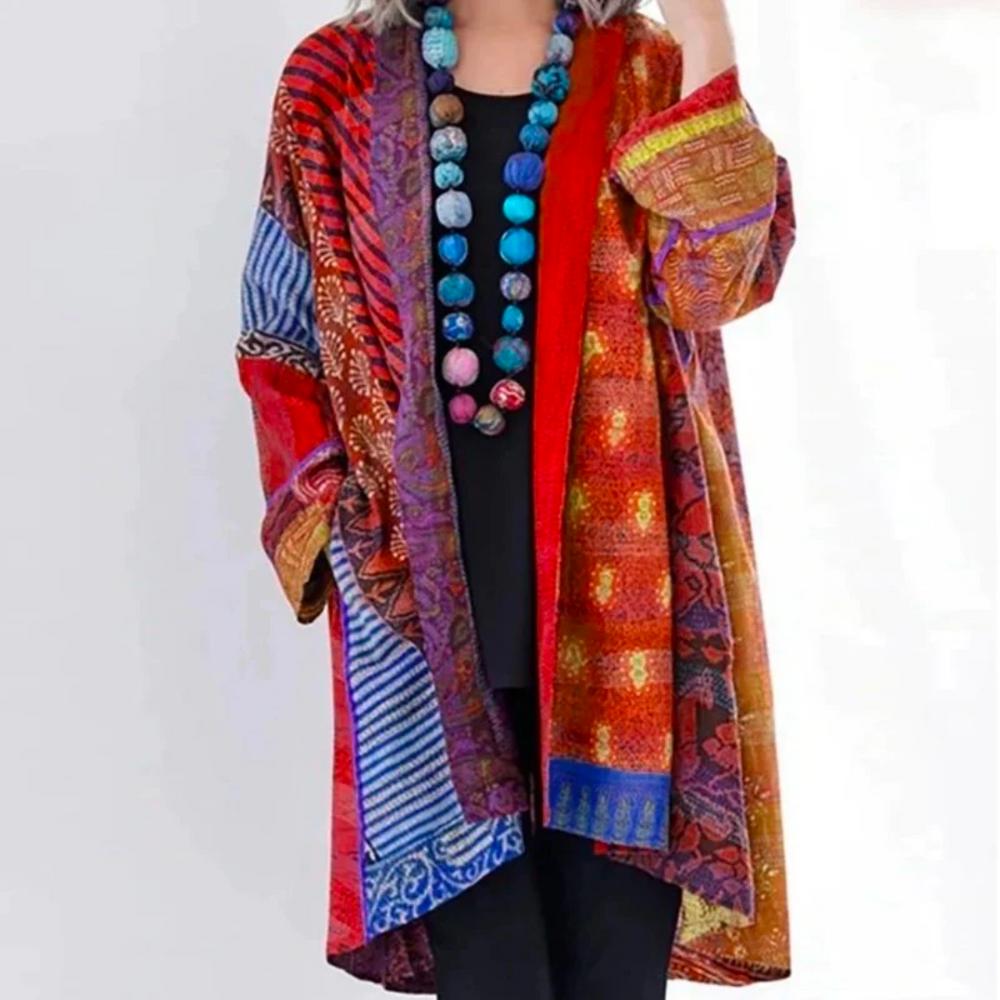 Women’s Boho Kimono Cardigan | Lightweight Patchwork Layer | Open-Front Drape