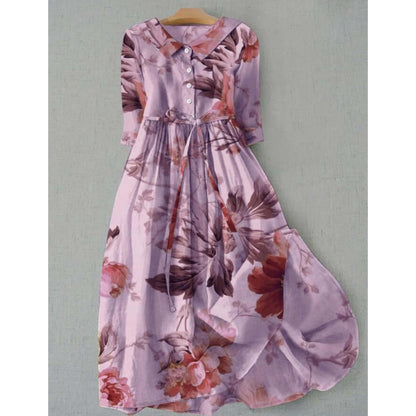 Vintage Floral Midi Dress | Button-Front & Tie Waist | 3/4 Sleeve Cotton Blend