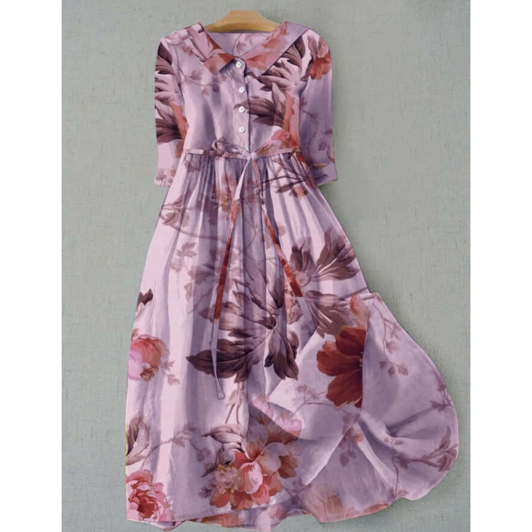 Vintage Floral Midi Dress | Button-Front & Tie Waist | 3/4 Sleeve Cotton Blend