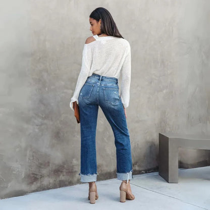 Straight-Leg Cuffed Jeans | Mid-Wash Denim | Rolled Hem Detail