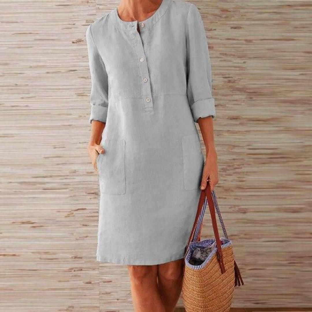 Women's Linen Blend Tunic Dress | Lightweight Casual Day Dress | Relaxed Fit with Pockets