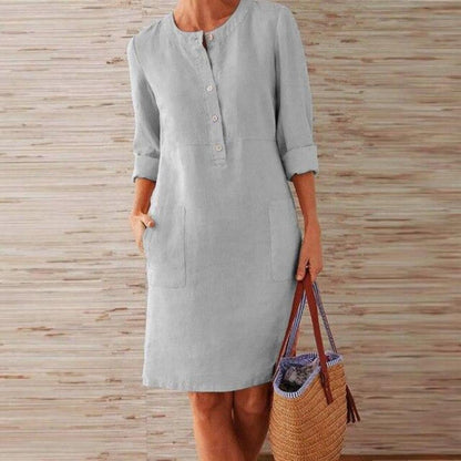 Women's Linen Blend Tunic Dress | Lightweight Casual Day Dress | Relaxed Fit with Pockets