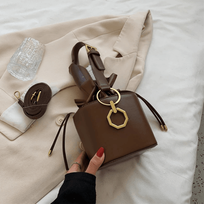 Geometric Bucket Bag | PU Leather | Drawstring Closure with Gold Charm