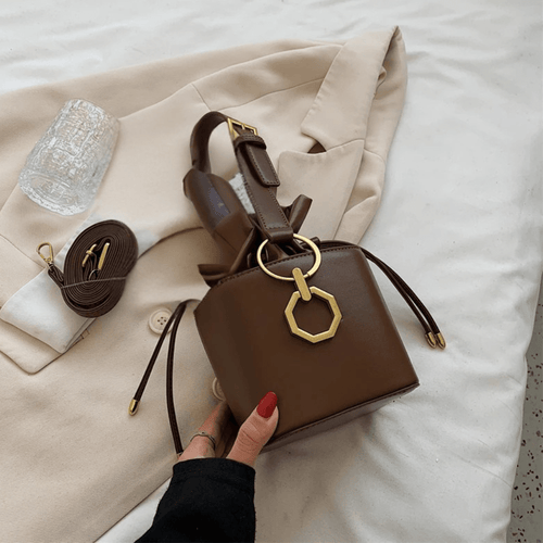 Geometric Bucket Bag | PU Leather | Drawstring Closure with Gold Charm