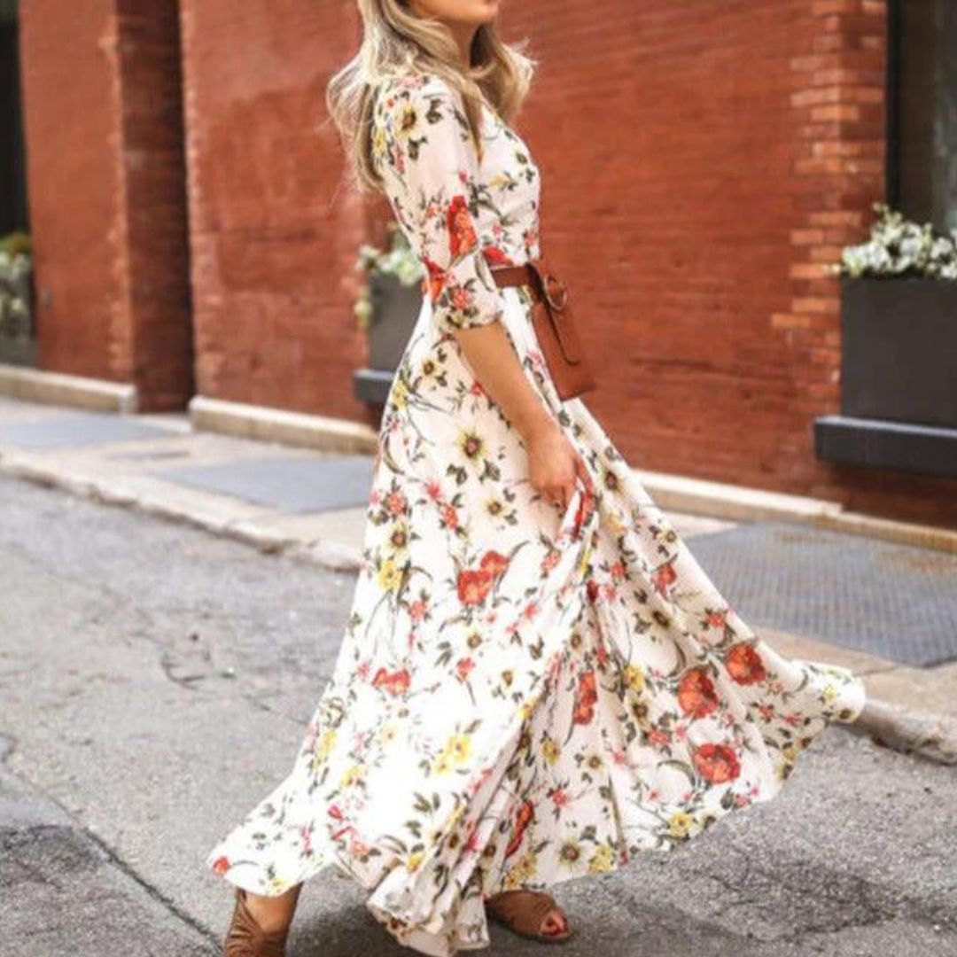 Floral Chiffon Maxi Dress | Cinched Waist | Flowy Silhouette