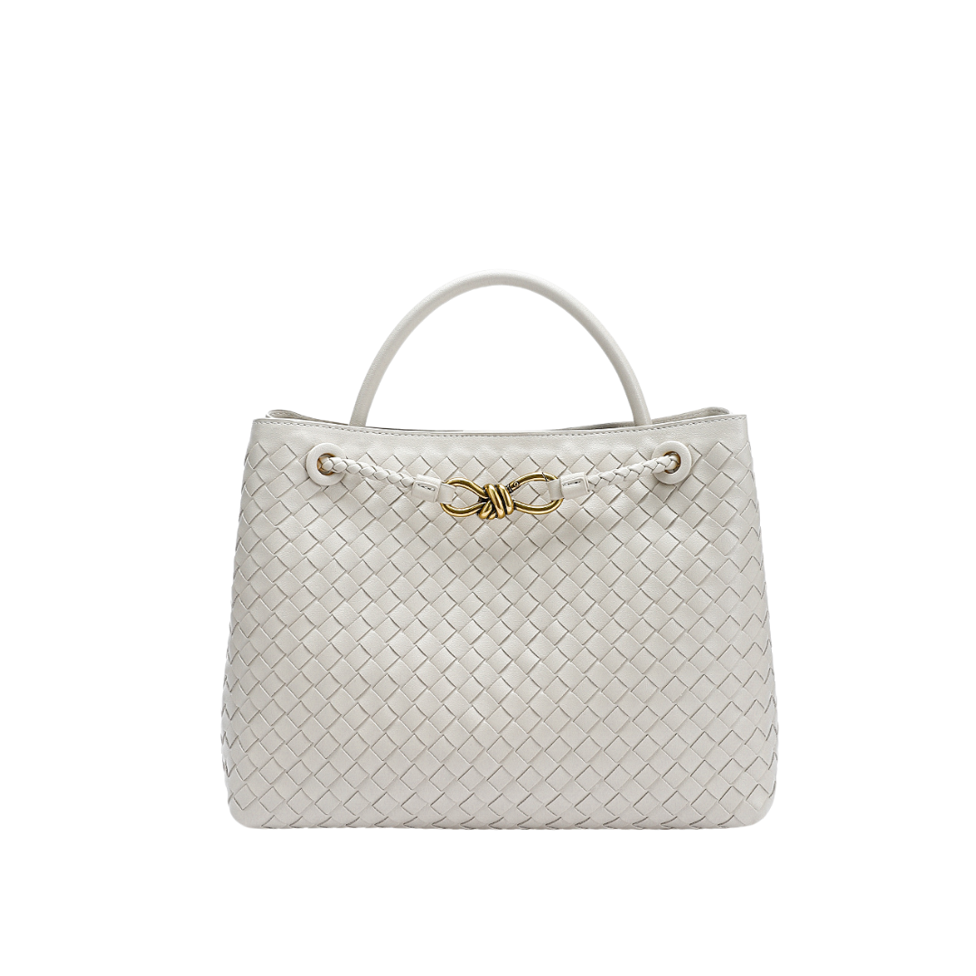 Woven Leather-Look Tote Bag | Gold Knot Detail | Structured Everyday Handbag