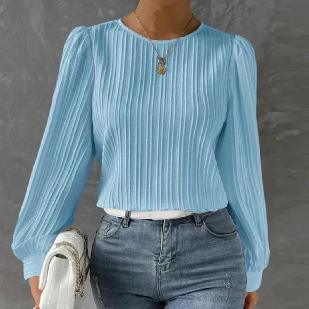 Pleated Long Sleeve Blouse | Textured Crepe with Round Neck | Lightweight Everyday Top