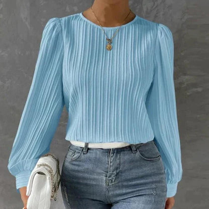 Pleated Long Sleeve Blouse | Textured Crepe with Round Neck | Lightweight Everyday Top
