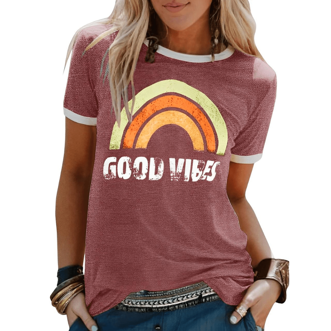 "Good Vibes" Graphic Tee | Retro Rainbow Print | Contrast Trim Detail