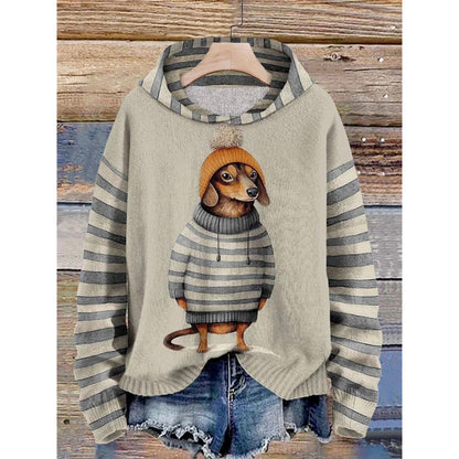 Striped Dog Print Hoodie | Casual Pullover | Lightweight Knit