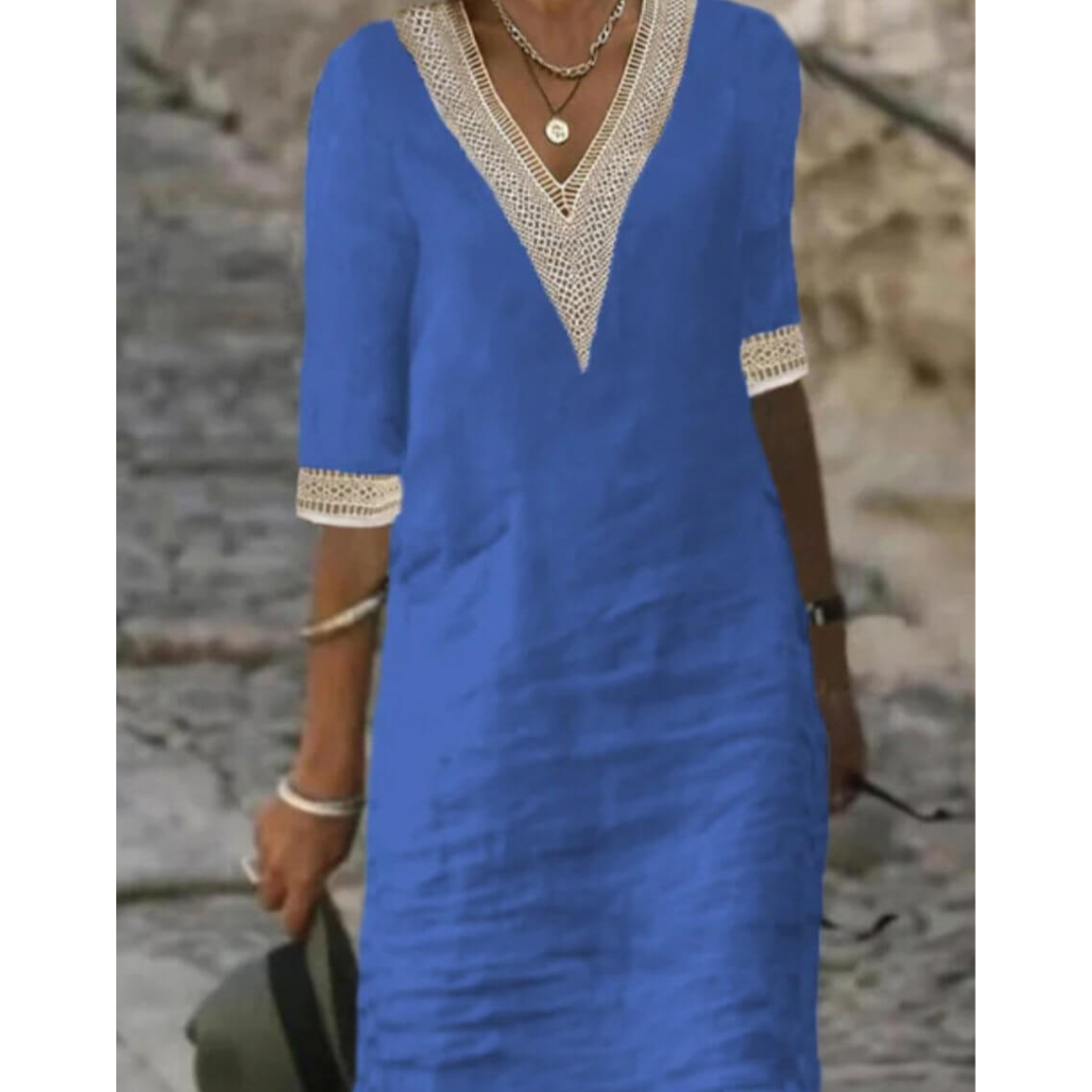 Linen Shift Dress | Embroidered V-Neck & Sleeves | Relaxed Knee-Length Fit