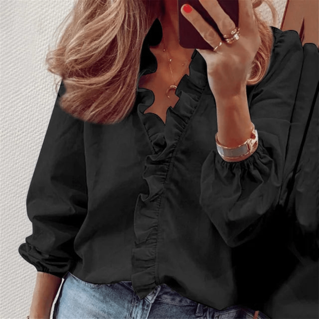 Ruffle Trim V-Neck Blouse | Long Sleeves | Relaxed Feminine Fit