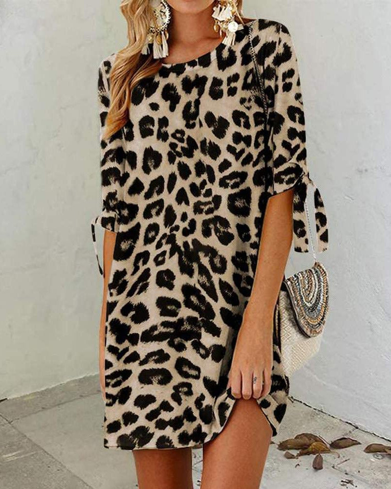 Women’s Leopard Print Mini Dress | Short Sleeve Tie Detail | Casual Animal Print Tunic