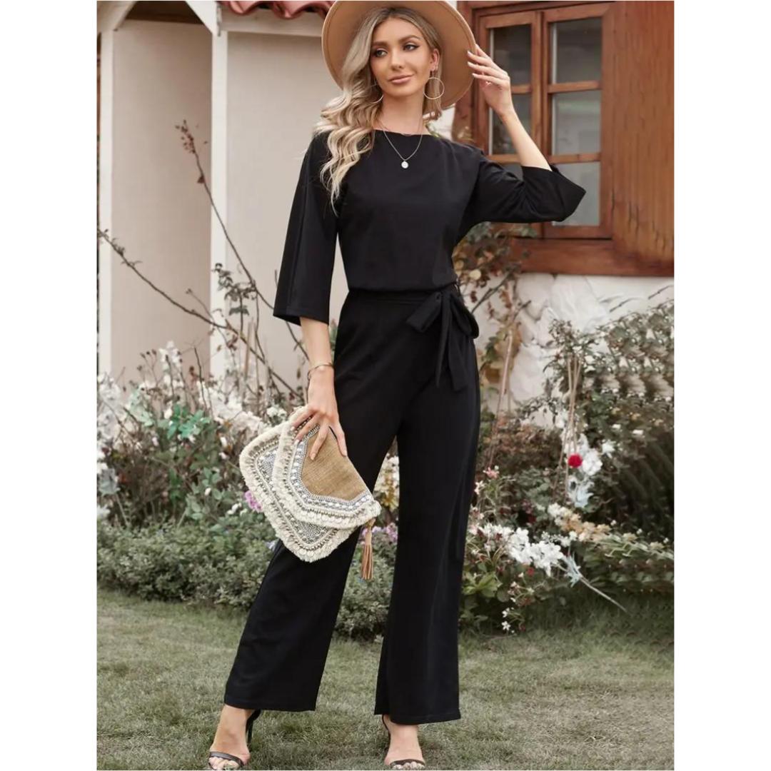 Wide-Leg Belted Jumpsuit | Cropped Sleeve | Modern One-Piece Style