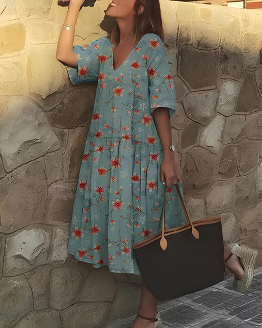 Floral Tiered Midi Dress | V-Neckline | Relaxed Cotton Blend