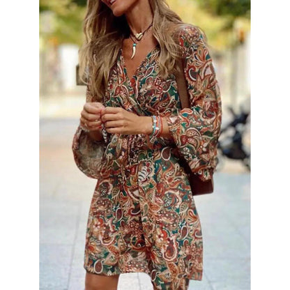 Women's Paisley Print Mini Dress | Flowy Long Sleeve V-Neck | Casual Boho Fall Outfit
