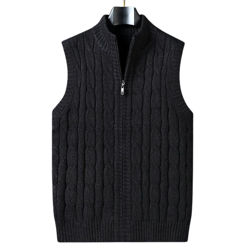Men’s Cable Knit Sweater Vest | Full-Zip Front | Soft Wool Blend Layer