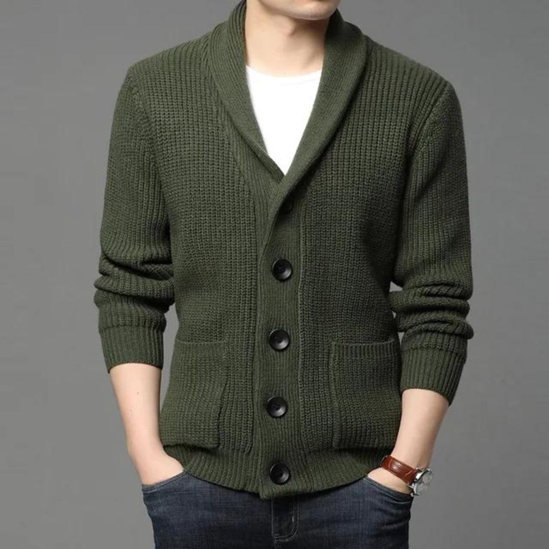 Men’s Shawl Collar Cardigan | Chunky Knit Sweater | Classic Button-Up Layer