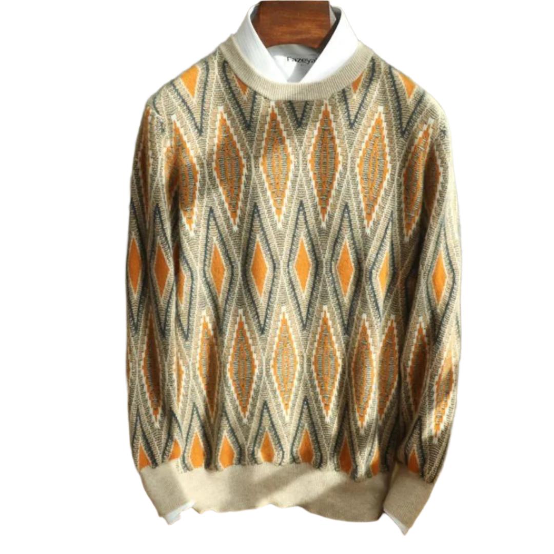 Men’s Retro Knit Sweater | Diamond Pattern Crewneck | Soft Midweight Pullover