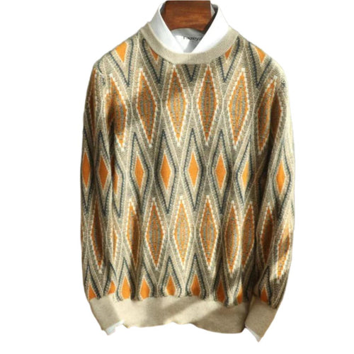 Men’s Retro Knit Sweater | Diamond Pattern Crewneck | Soft Midweight Pullover