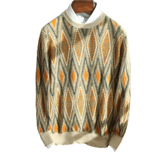 Men’s Retro Knit Sweater | Diamond Pattern Crewneck | Soft Midweight Pullover