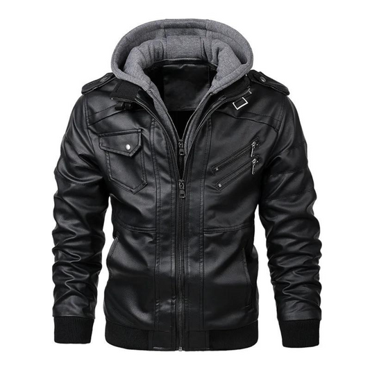 Men’s Faux Leather Moto Jacket | Fleece Hoodie Insert | Quilted Lining Outerwear