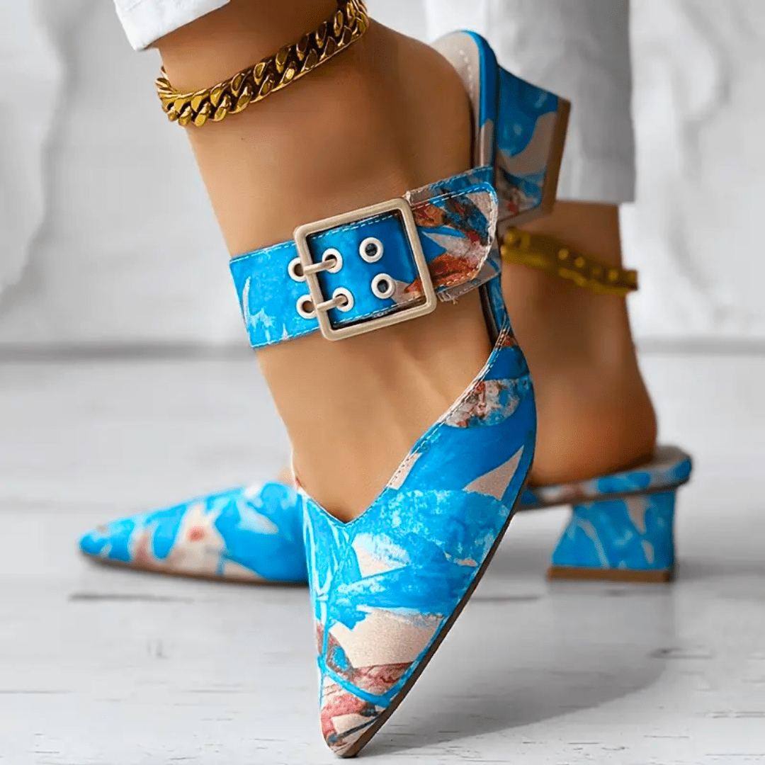 Pointed Buckle Strap Shoes | Bold Block Heel with Vibrant Floral Print