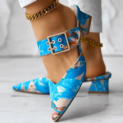 Pointed Buckle Strap Shoes | Bold Block Heel with Vibrant Floral Print