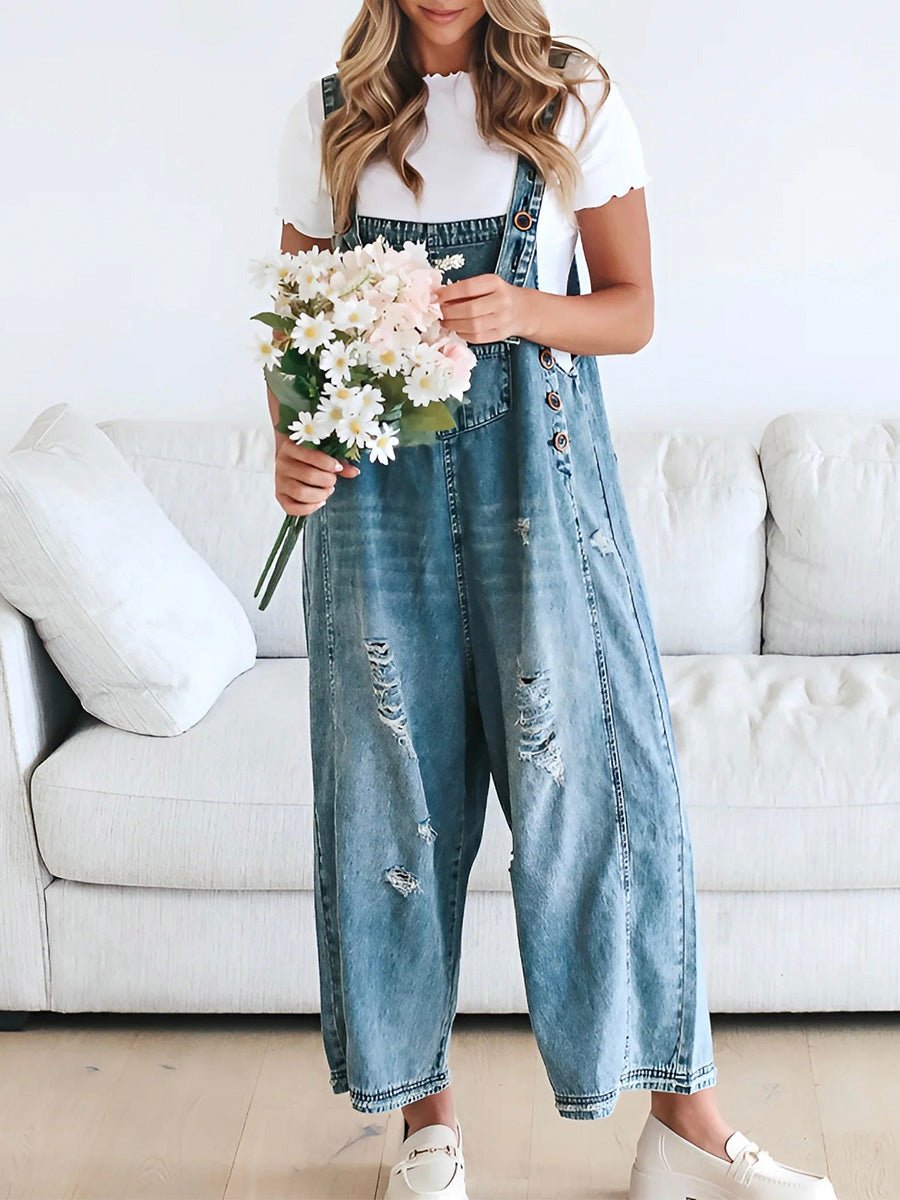 Distressed Denim Overalls | Loose Fit with Cuffed Hem | Casual Layering Staple
