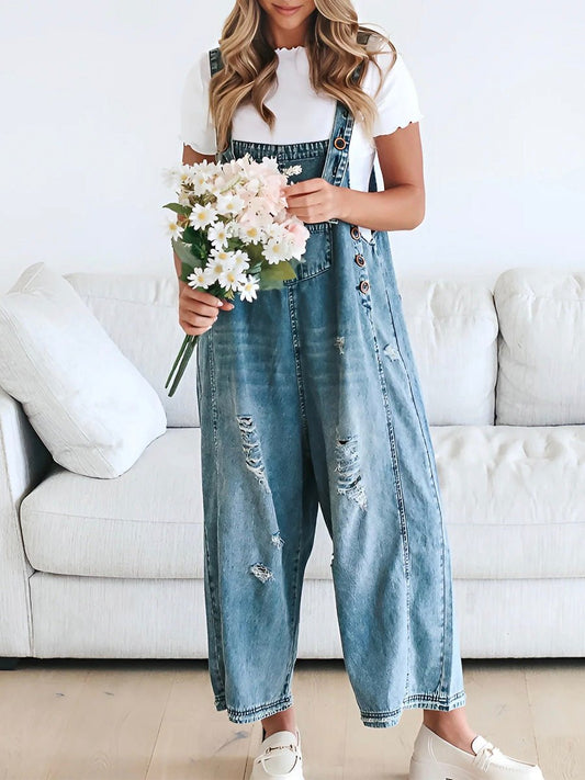 Distressed Denim Overalls | Loose Fit with Cuffed Hem | Casual Layering Staple