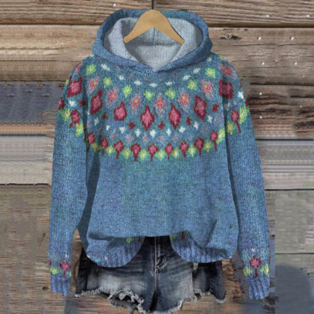Women's Fair Isle Knit Hoodie | Colourful Patterned Pullover Sweater | Casual Fall Winter Layer