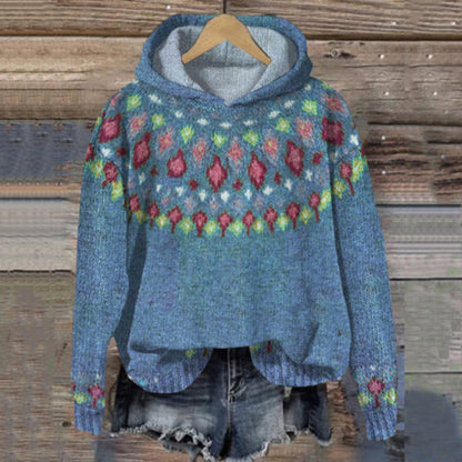 Women's Fair Isle Knit Hoodie | Colourful Patterned Pullover Sweater | Casual Fall Winter Layer