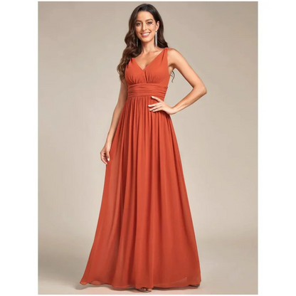 Sleeveless Pleated Chiffon Gown | V-Neck Formal Maxi Dress | Ruched Waist Detail