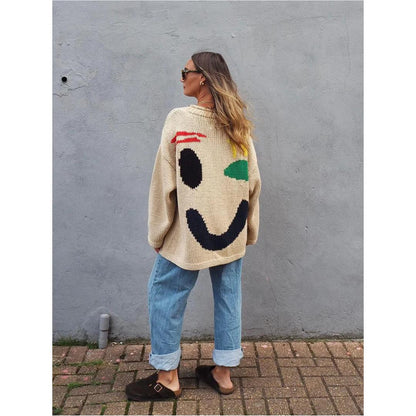 Oversized Knit Sweater | Abstract Face Embroidery | Art-Inspired Statement Pullover