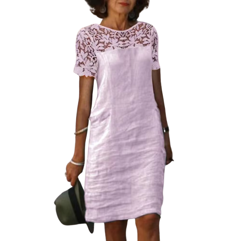 Lace Yoke Linen Dress | Short Sleeve Shift Style | Light Blue Summer Dress