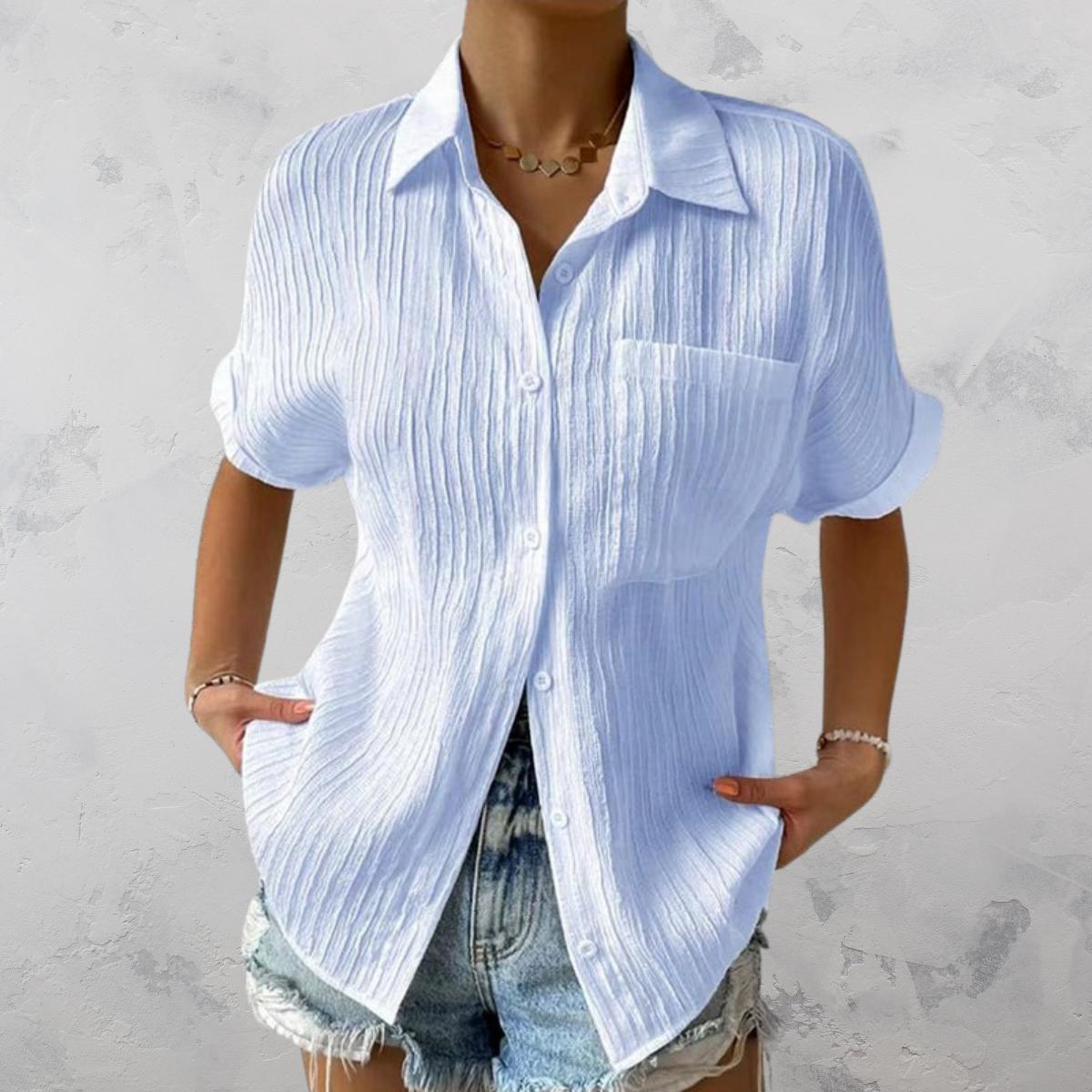 Women’s Crinkle Button-Up Shirt | Short Sleeve Summer Top | Lightweight Relaxed Fit