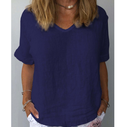 Linen V-Neck Top | Rolled Short Sleeves | Lightweight Relaxed Fit