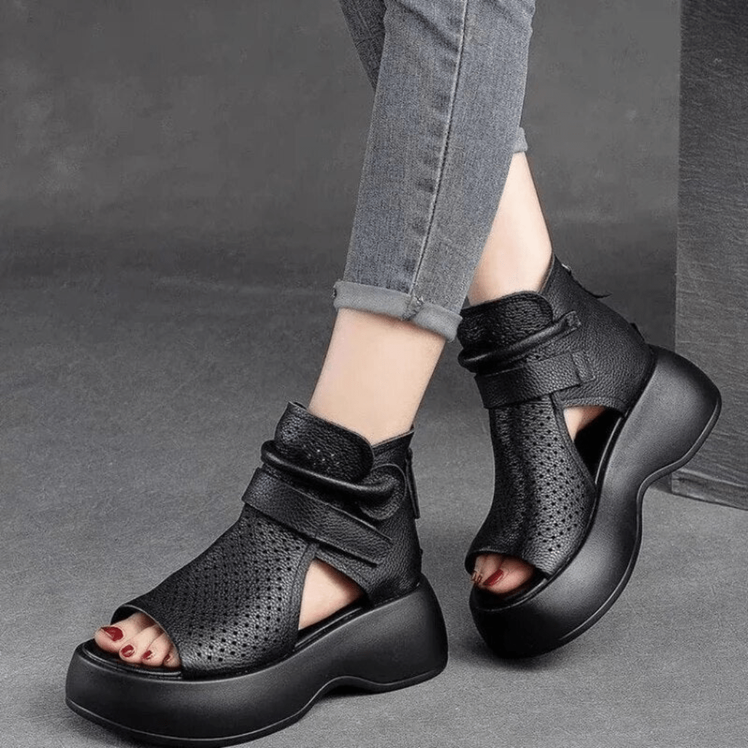 Perforated Leather Platform Sandals | Supportive Sole with Zip Closure