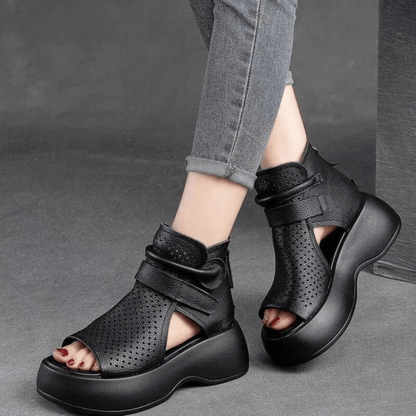Perforated Leather Platform Sandals | Supportive Sole with Zip Closure