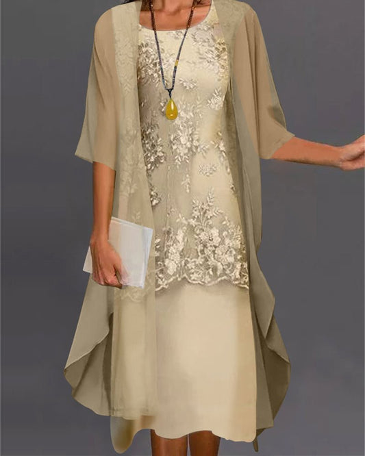 Embroidered Midi Dress with Sheer Cape | 2-Piece Set | Elegant Occasionwear