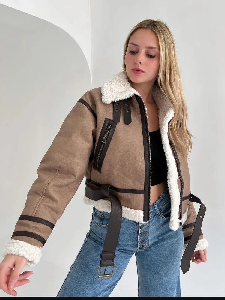 Cropped Aviator Jacket | Faux Shearling Lining | Belted Design