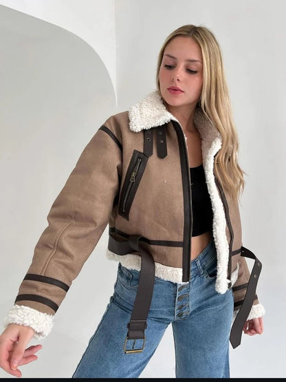 Cropped Aviator Jacket | Faux Shearling Lining | Belted Design