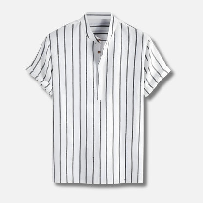 Striped Popover Shirt | Short Sleeve | Band Collar Lightweight Top