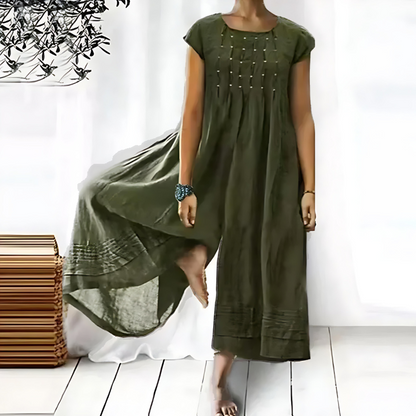Bohemian Cotton Midi Dress | Cap Sleeve | Embroidered Front Detail