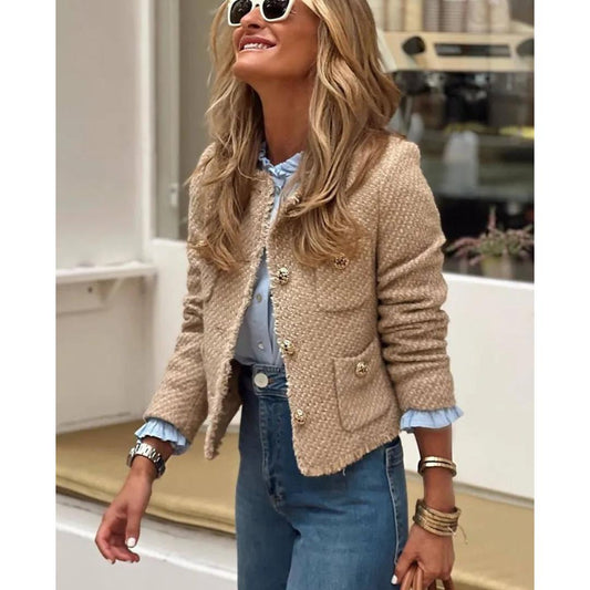 Textured Button-Front Tweed Jacket | Boxy Fit | Elegant Everyday Layer