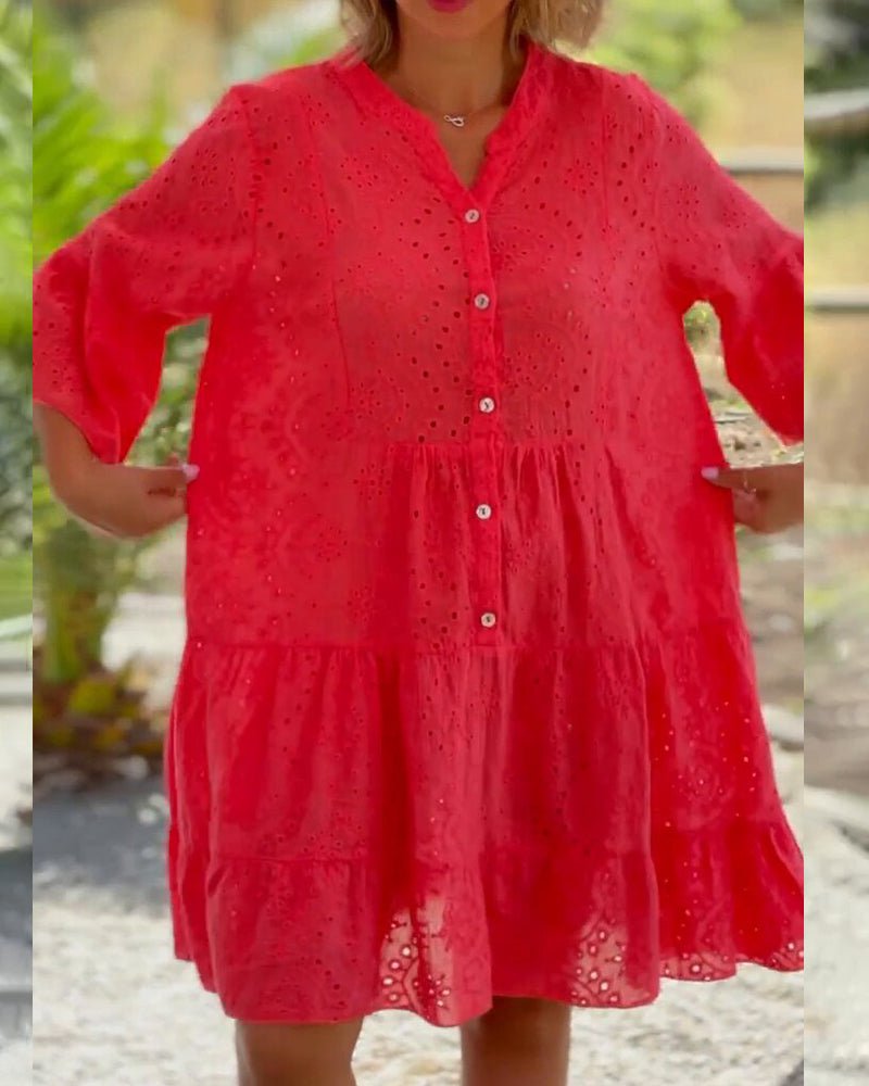 Eyelet Tiered Dress | Button-Front Detail | Loose Flowy Silhouette
