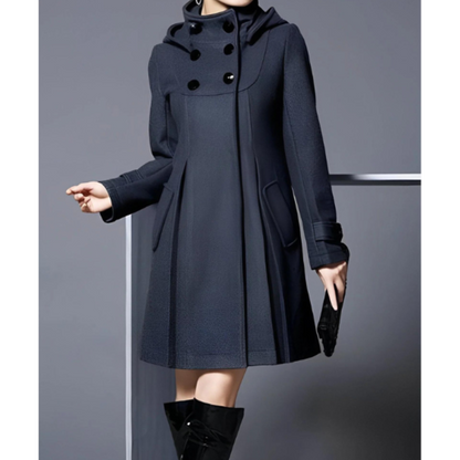 Women’s Wool Blend Hooded Coat | Double-Breasted A-Line Jacket | Elegant Mid-Length Outerwear