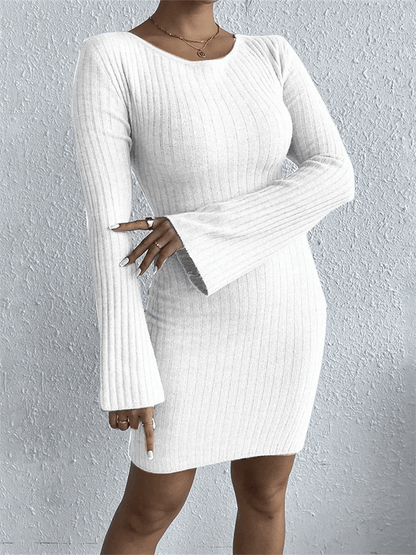 Ribbed Knit Mini Dress | Open Back Detail | Flared Sleeves | Elegant Stretch Fit